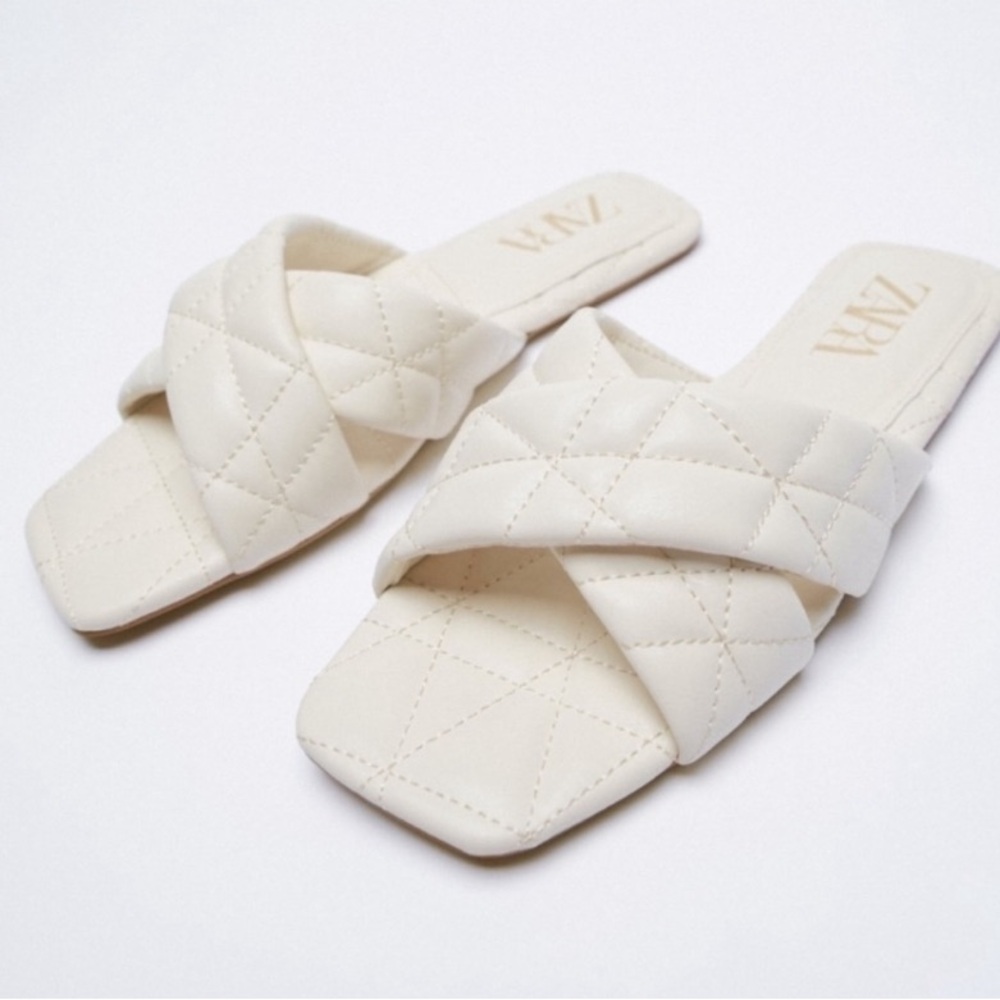 Zara Quilted Padded Flat Slides Sandals White - Size 40